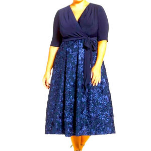 - Alex Evenings Tea Length Jersey & Rosette Lace Dress NWOT Party MOB Cruise